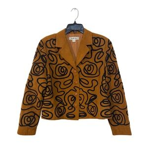 Blue Ice VTG Blazer Women 14 Brown Faux Suede Black Soutache Swirl Button Jacket